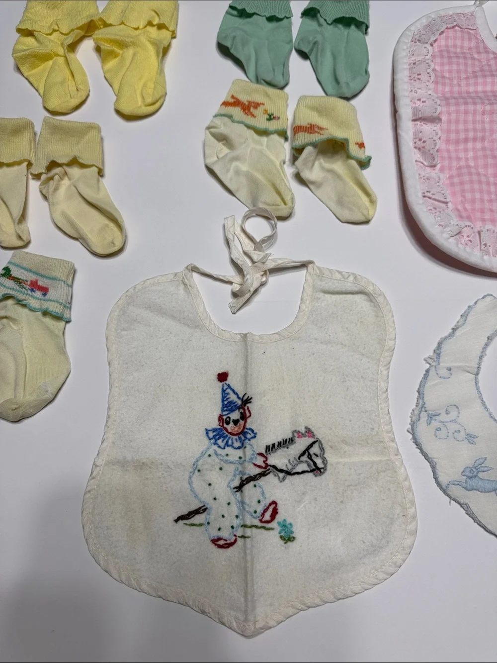 Assorted Vintage Baby Bibs and Socks Set - Pink, White, Yellow, Green
